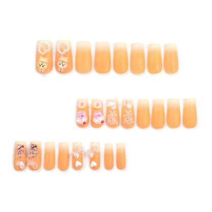 French Gradient Wear Nail Love Heart Bow Tie Nail Art Cartoon Rabbit Bear Donut Warm Color White Nail Tip