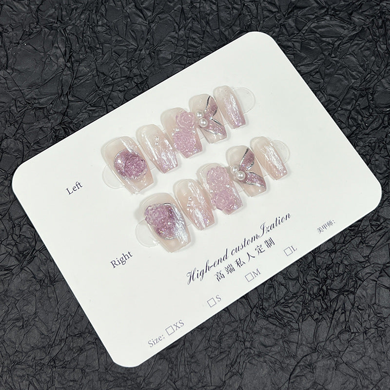 Handmade Wear Armor Purple Colorful Three-Dimensional Gradient Camellia Short Nail Stickers Wearable Fake Nails