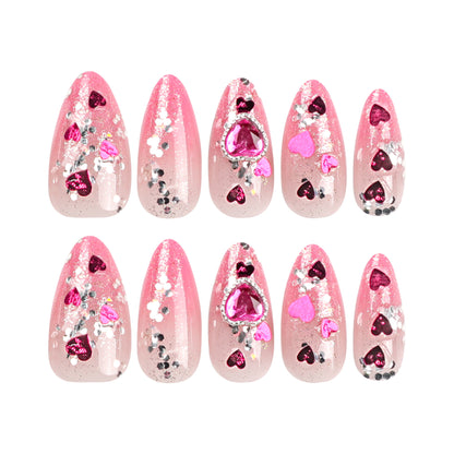 Pink Gradient Wear Nail Polish Piece Love Gem Glitter Nail Sticker Light Luxury Silver Paillette Nail Patch Wholesale