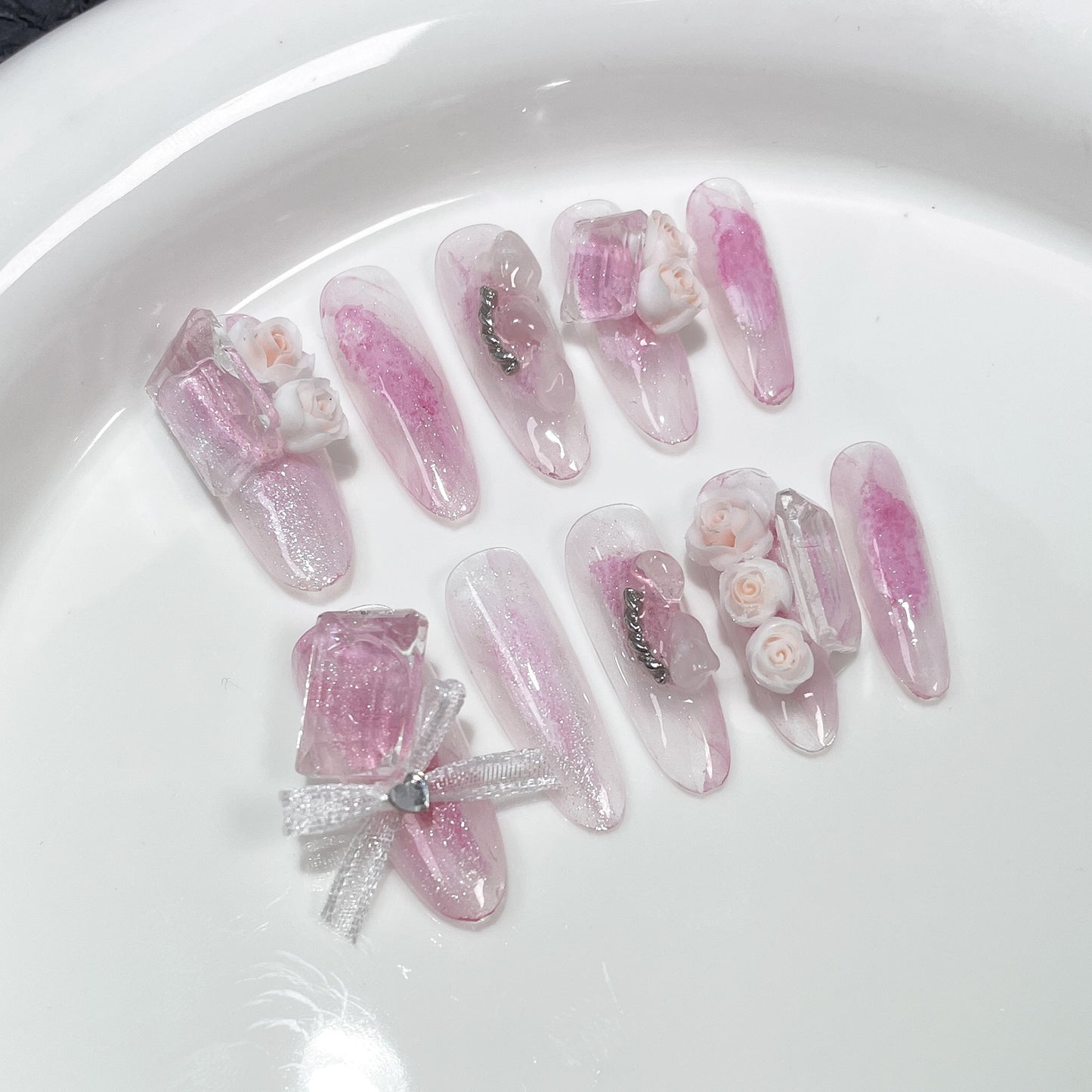 Artificial Carved Handmade Nail Stickers Irregular Watercolor Blooming Sweet Cute Mid-Length Handmade Wear Nail