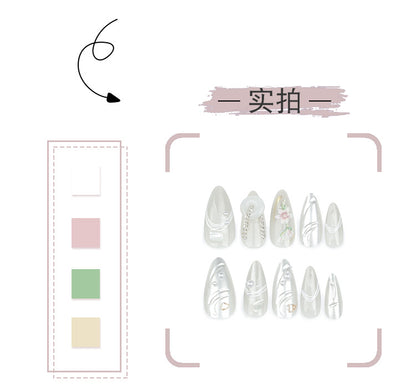 Summer fresh ins Wear Armor3D Magic Mirror Effect Powder Nail Art Short Almond Flower Fake Nails Repeatable Nail Tip