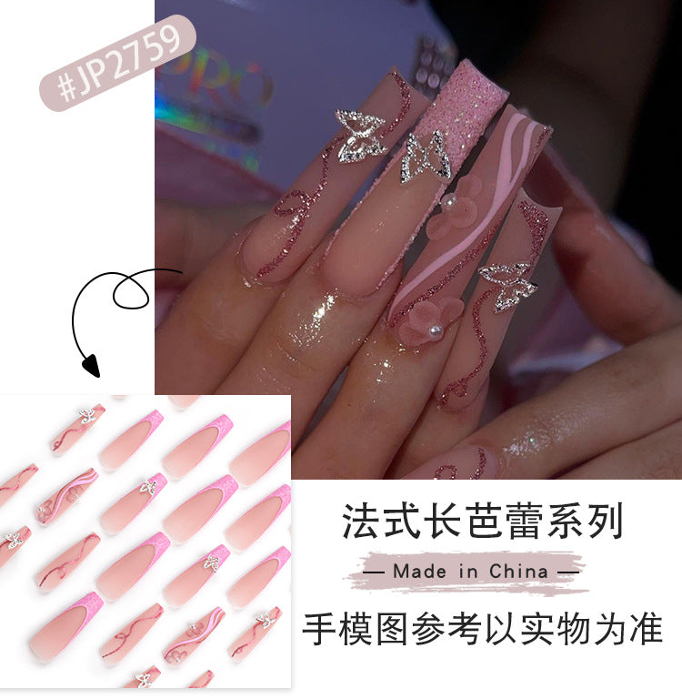 3D Three-Dimensional European and American Style Wear Armor Silver Butterfly Glitter Fake Nails Pink Flower Pearl Nail Beauty Nail Tip Finished Product