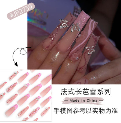 3D Three-Dimensional European and American Style Wear Armor Silver Butterfly Glitter Fake Nails Pink Flower Pearl Nail Beauty Nail Tip Finished Product