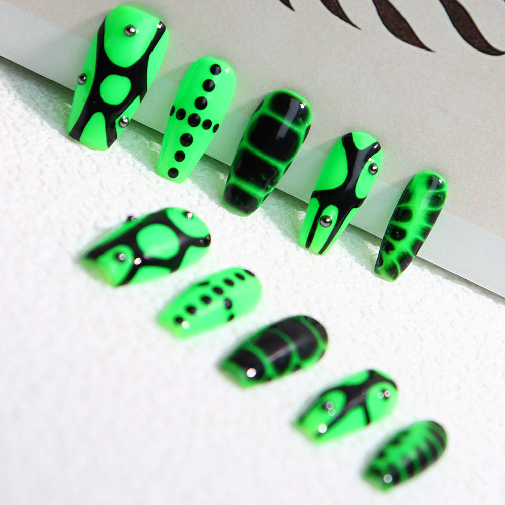 Y2K Fluorescent Green Hand Painted Snake Pattern Wear Nail European and American Hot Girl Sweet Cool Crocodile Pattern Nail Stickers One Piece Dropshipping