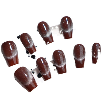 Solid Color Coffee Brown Cat's Eye Fake Nail Tip Handmade Phototherapy Wearable Nail Can Be Recycled French Thin and Glittering Nail Stickers