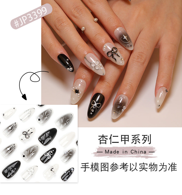 Hot Girl Black Smudges3D Wear Nail Three-Dimensional Bow Manicure Fake Nails Silver Asterism Nail Tip Finished Product Wholesale