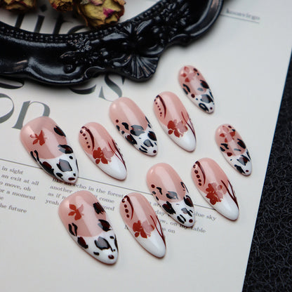 Hot Selling Wear Armor ins Retro National Style Hand-Painted Red and Black Flowers Nail Sticker French Elegant UV Nail Beauty Patch