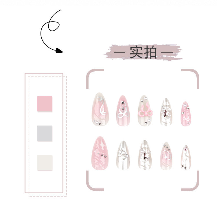 Sweet Pink Blush Manicure Wear Nail3D Three-Dimensional Nail Tip Finished Product Wholesale Bow Wearable Fake Nails