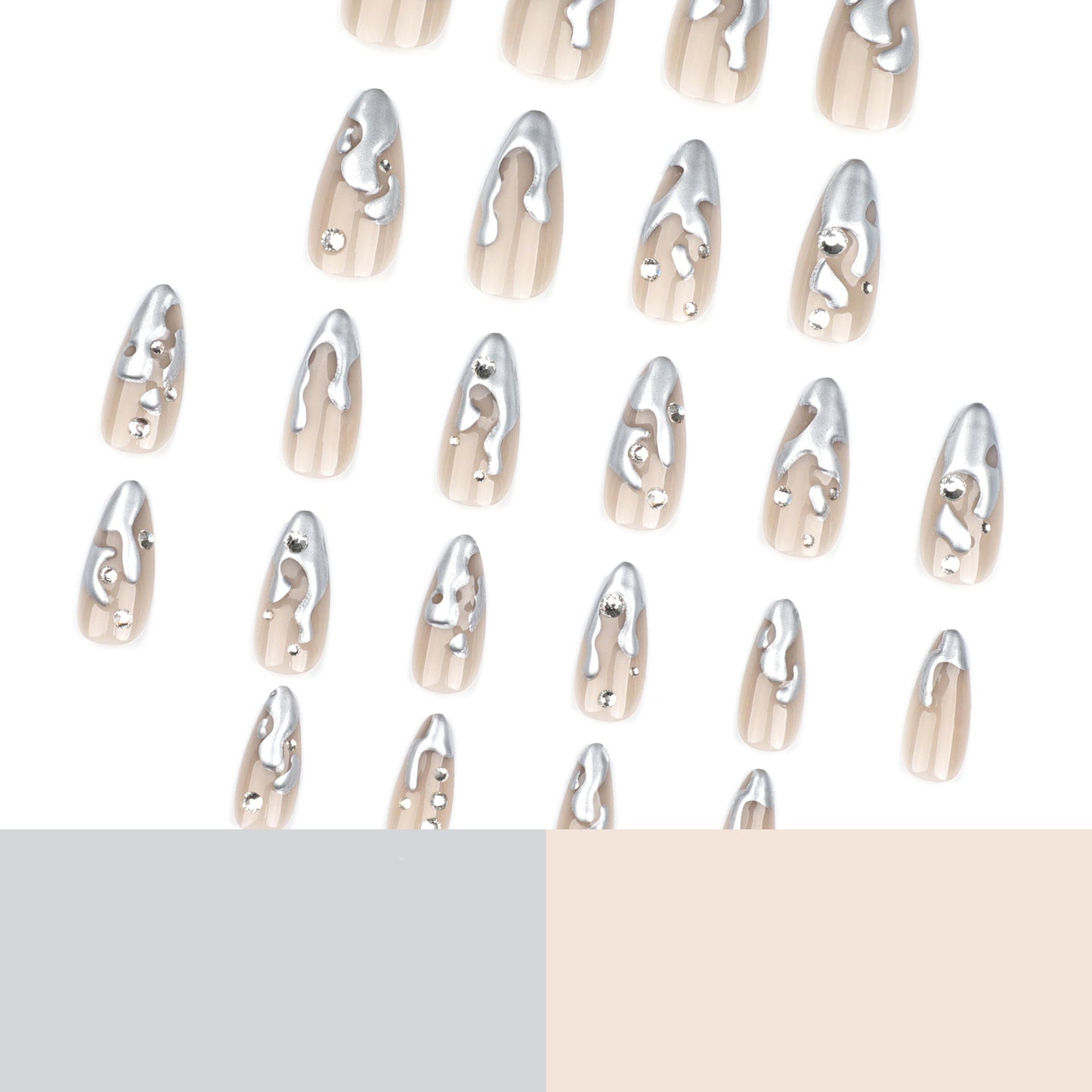 French3D Silver Paste Wear a Nail Piece Short Almond fake nails Spot Drill Fake Nails Nail Sticker Wholesale