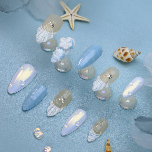 New Fake Nail Stickers Wear Nail Pile Glue Shell Ocean Style Ice Flower Handmade European, American and French Style Nail Stickers Finished Product Generation