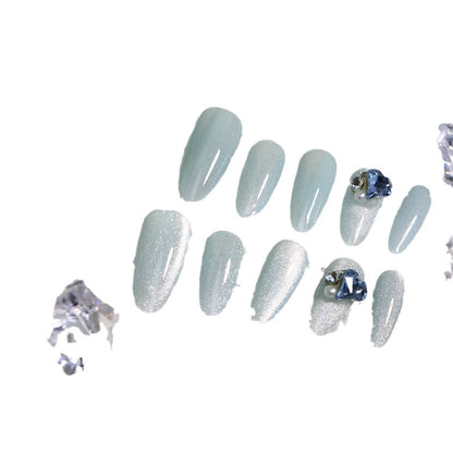 Sea Salt Ice Blue Medium Oval Crystal Cat's Eye Hand-Worn Nail baby Blue Gradient Rhinestone Wearable Nail Stickers