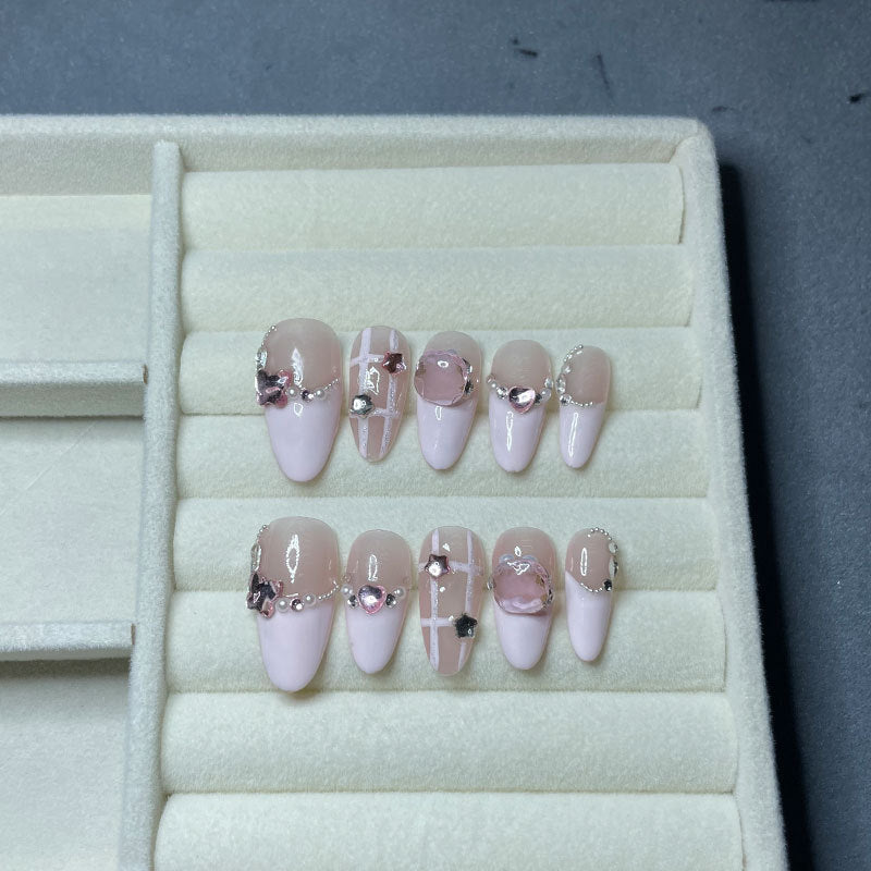 Dream Building Starry Sky Handmade Wear Armor Oval Pink Plaid Nail Stickers French Love Stick-on Crystals Light Luxury Nail Tip