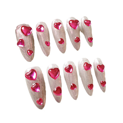 【Dyed Nail】Heart-to-Heart Seal European and American Barbie Pink Aurora Peach Heart Hand-Worn Nail Long Ice-Transparent Cat Eye Manicure