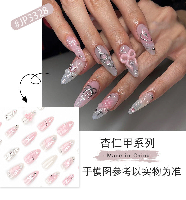 Sweet Pink Blush Manicure Wear Nail3D Three-Dimensional Nail Tip Finished Product Wholesale Bow Wearable Fake Nails