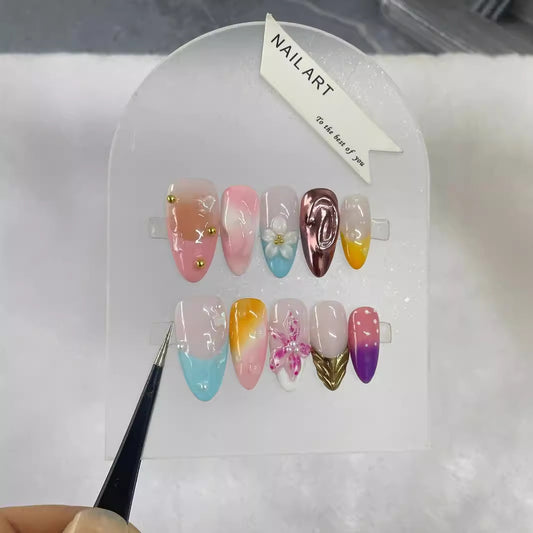 Cross-Border Hot Selling Popular Blooming Hand-Painted Three-Dimensional Carved White Elegant High-Grade Mid-Length Manicure