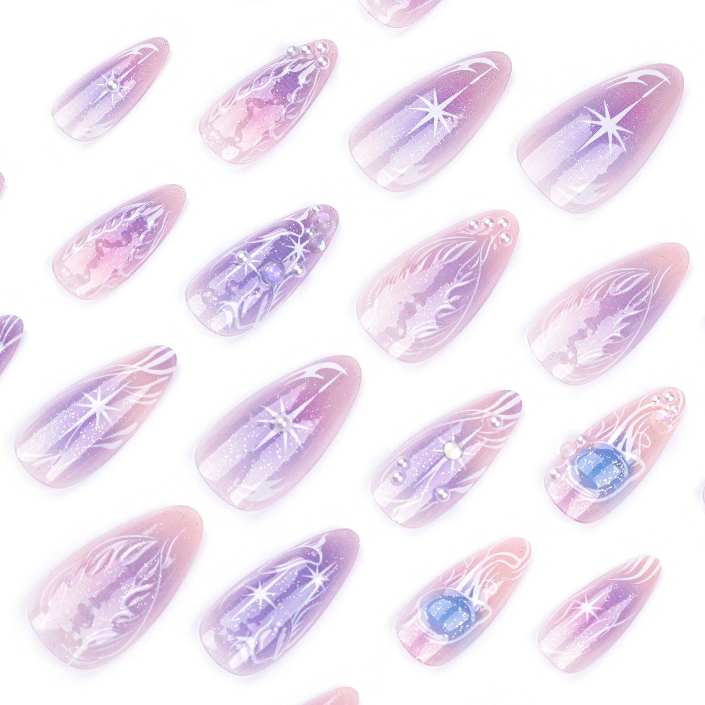 Purple Blooming Dream Wearable Manicure Asterism Pearl Wearing Nail Polish Short Almond Nail Patch