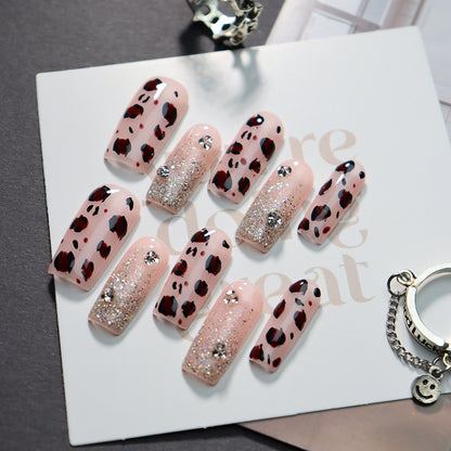 New Nail Beauty Patch Wear Armor Advanced Rectangular Pink Leopard Print Glitter Hot Girl Sweet Cool Xiaohongshu ins Wind