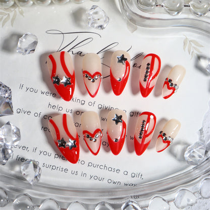 Korean Style Y2K Hot Girl Hand-Painted Hand-Worn Nail Love Red Two-Dimensional French Finished Manicure Fake Nail Tip