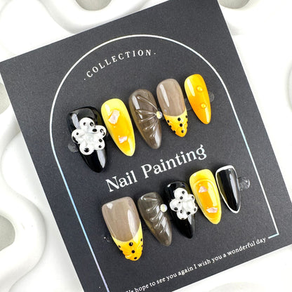 Handmade Pinch Petals Style Almond Nail Hand Painted Wear Nail Tip High Sense Summer Nail Stickers Cross-Border