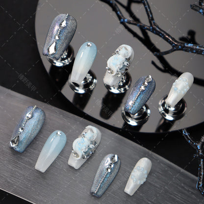 New UV Polish Wear Nail Flash Blue Purple Gradient Cat Eye Nail Sticker White Fox Rhinestone Dream Wear Nail Detachable