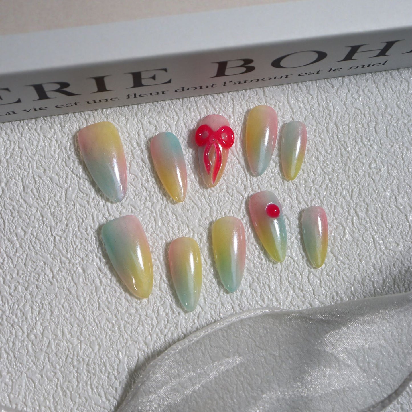 Gradient Macaron Hand Pinch Three-Dimensional Bow Almond Nail Hand Wear Armor College Student Nail Stickers Cute