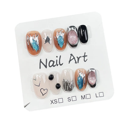 ins Short Style Nail Art Irregular Metal Shape Crystal Cat's Eye Hand-Painted Nail Fake Nails Wholesale