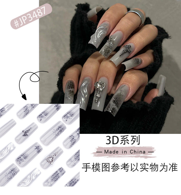 3D Magic Mirror Effect Powder Wear Nail Metal Heart Manicure Fake Nails Hot Girl Cross Rose Nail Tip Finished Product Wholesale