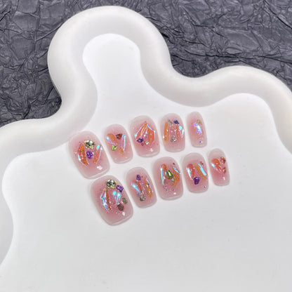 Wear Nail Summer Fresh Spray Gun Blush Short Nail Stickers Ornamental Stone Aurora Light Diamond Ice Transparent Handmade Wear Nail