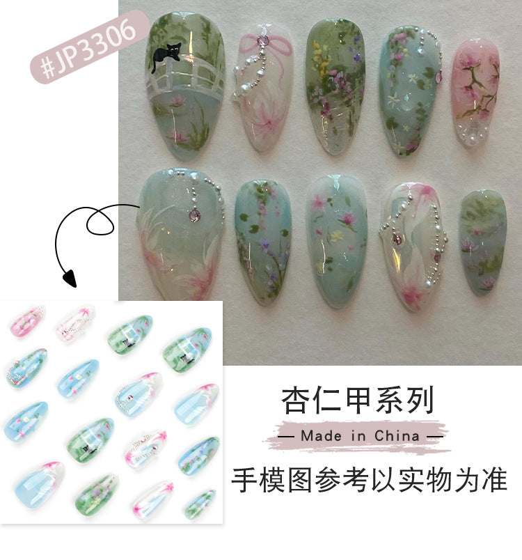 24Spring and Summer New Almond Nail Fake Nails Pastoral Style Fresh Flower Wear Nail Polish Piece Wholesale