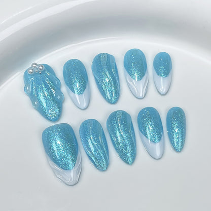 Mermaid European, American and French Style Almond Nail Simple Ocean Blue Shell Pattern Atmosphere Handmade Wear Nail