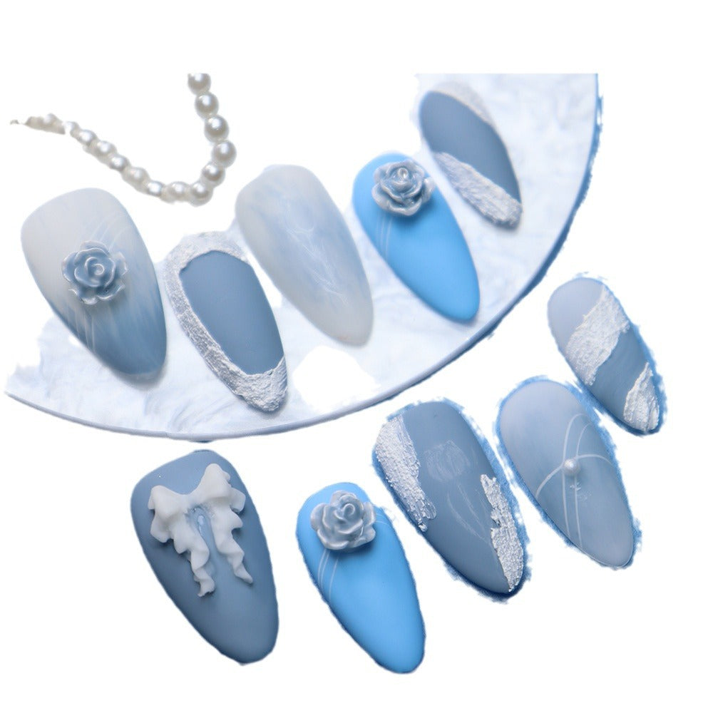 European-Style Three-Dimensional Plaster Glue Hand-Pinching European Rose Hand-Worn Nail Haze Blue Refreshing Summer Fake Nail Tip Phototherapy