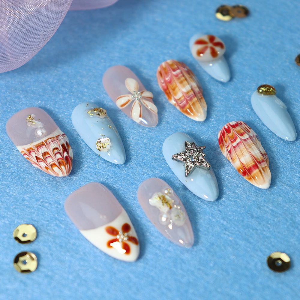 New Nail Beauty Patch Summer Little Fresh XINGX Hand-Painted Shell French Style Ice Transparent Pure Handmade Wear