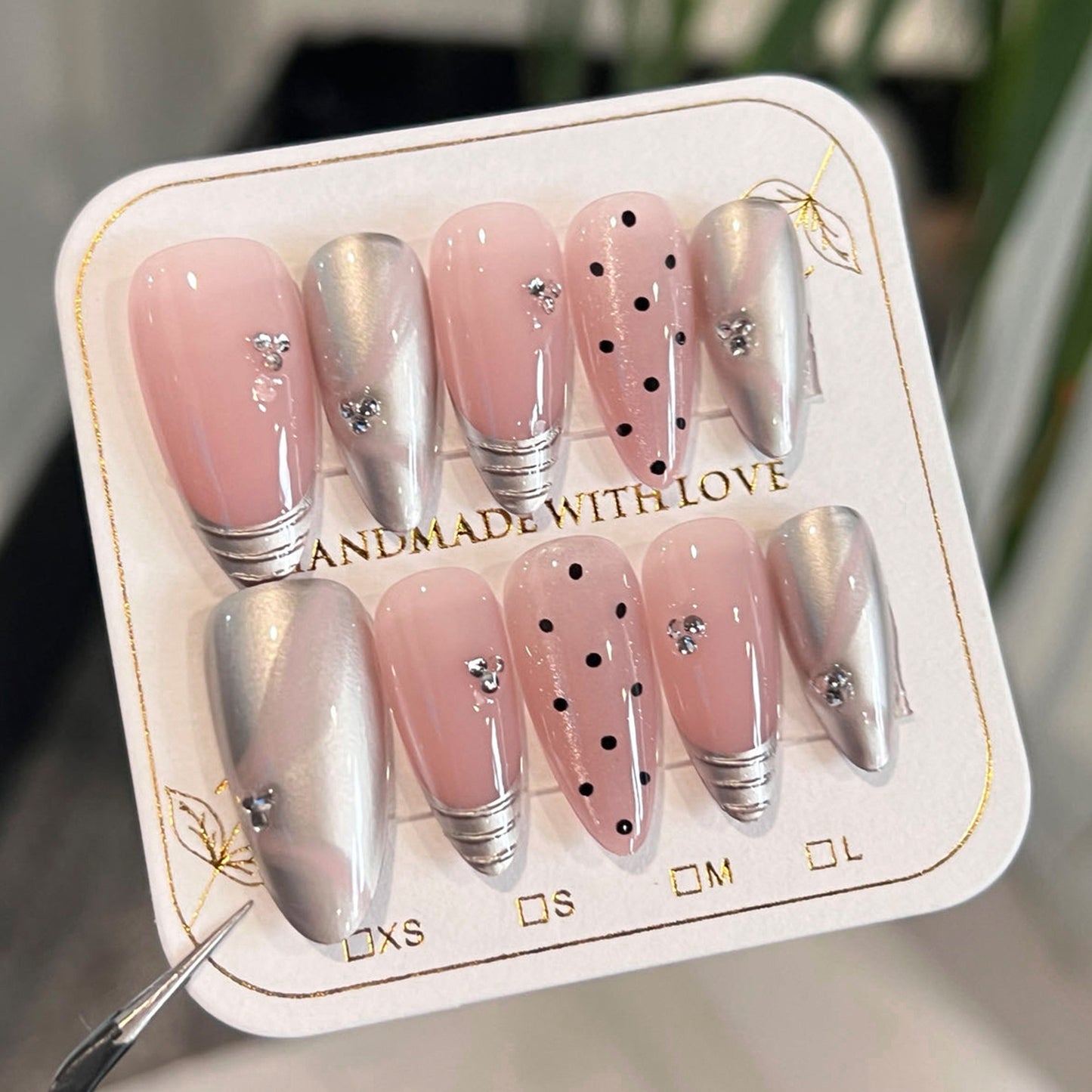 Internet Celebrity French Style3D Silver Magic Mirror Effect Powder Wear Nail Pink Sweet Cat Eye Nail Art Spot Drill Ribbon Fake Nails Nail Tip