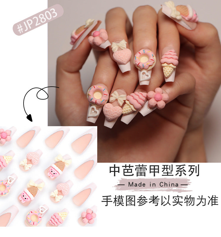 Sweet Cute Pink Ice Cream Cone Manicure Fake Nail Tip Three-Dimensional Love Heart Flowers Wear Nail Nail Patch