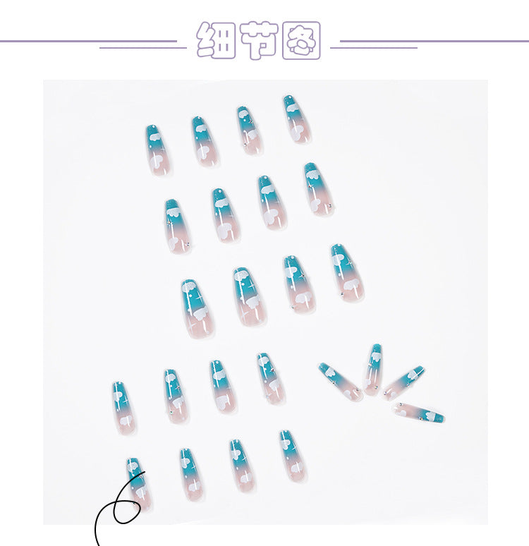 Sky Blue Clouds Gradient Rhinestone Wear Finished Nail Beauty Fake Nails Nail Stickers Nail Patch Detachable Foreign Trade