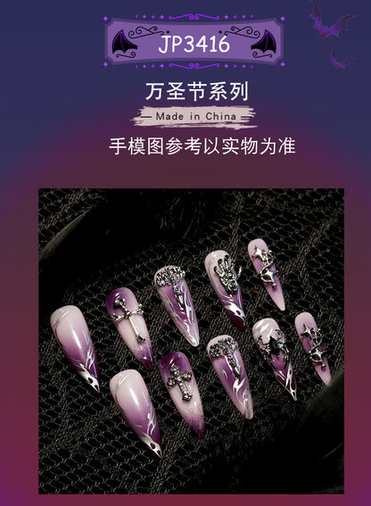 Halloween Cool Wear Nail French Flame Cross Manicure Purple Smudges Spider Nail Tip Finished Product Wholesale