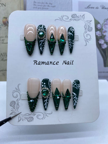 European and American Style Hot Selling Long Pointed Hand-Worn Armor Emerald French Style Full Diamond High-Grade White Manicure