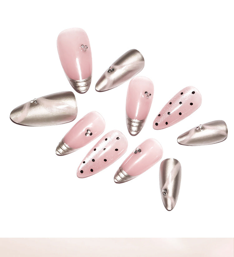 Internet Celebrity French Style3D Silver Magic Mirror Effect Powder Wear Nail Pink Sweet Cat Eye Nail Art Spot Drill Ribbon Fake Nails Nail Tip