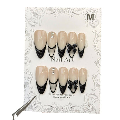 Cross-Border New Handmade Phototherapy Wear Nail Wholesale Almond Nail-Shaped French Style3D Three-Dimensional Caramel Nail Tips Finished Product