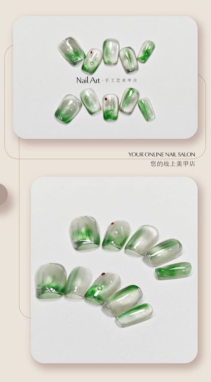 Handmade Wear Armor High-Grade White Blooming Green Cute Short Nail Stickers Handmade Fake Nail Tip Wholesale