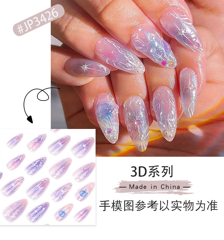 Purple Blooming Dream Wearable Manicure Asterism Pearl Wearing Nail Polish Short Almond Nail Patch