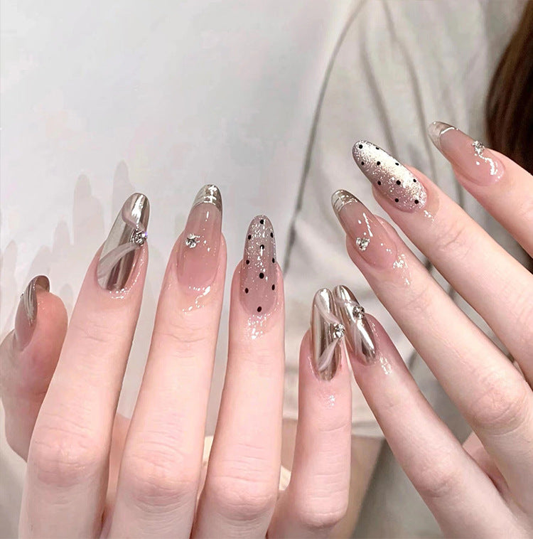 Internet Celebrity French Style3D Silver Magic Mirror Effect Powder Wear Nail Pink Sweet Cat Eye Nail Art Spot Drill Ribbon Fake Nails Nail Tip