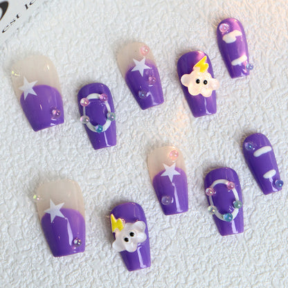 Cartoon Cute Lightning Cloud Purple Handmade Wear Nail Irregular French Bubble Student Wear Manicure