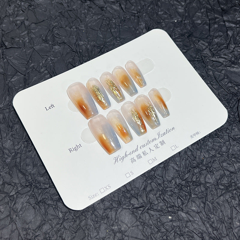 【Amber Glaze】Gradient Ice Transparent Wearable Mid-Length Nail Stickers Trapezoidal Handmade Wear Nail Wholesale