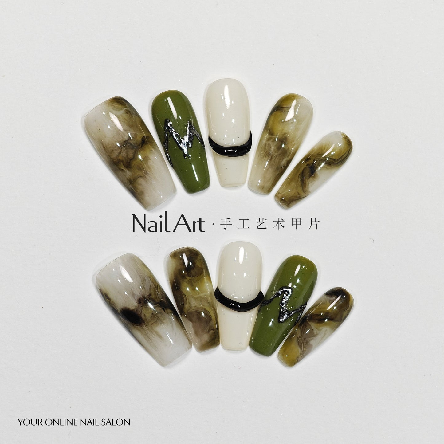 Handmade Wear Armor High-Grade Smudges Dark Green Boutique White Short Nail Stickers Handmade Fake Nails Wholesale