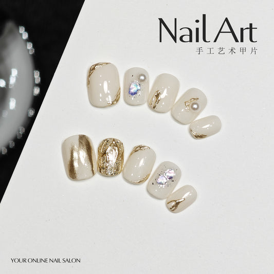 Handmade Wear Armor Show White Gold Color Colorful Pearl Advanced Short Nail Stickers Fake Nail Tip Finished Product Wholesale