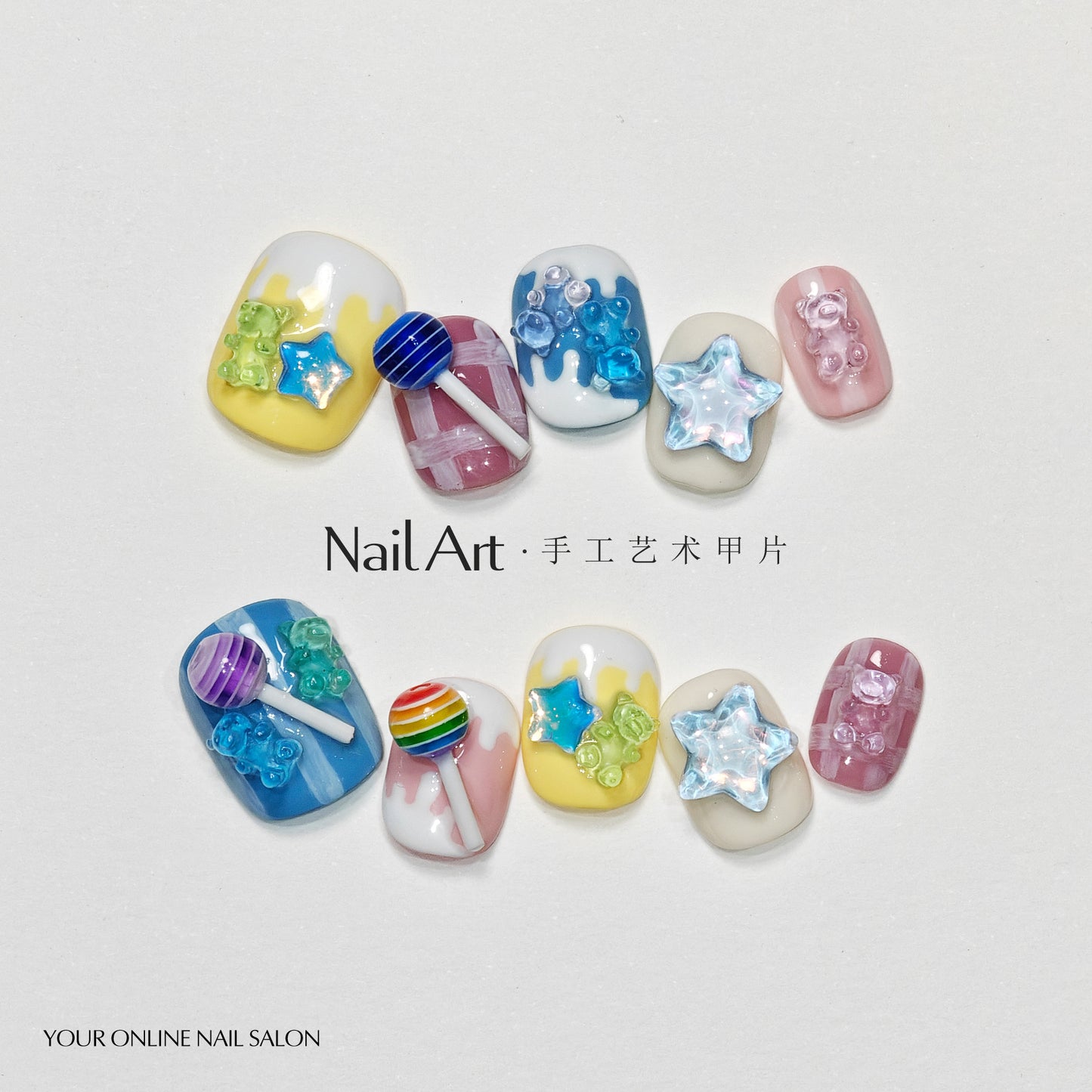 Handmade Wear Armor Cute Short Cartoon Lollipop Handmade Nail Stickers Fake Nails Ten Finger Nail Tip Wholesale