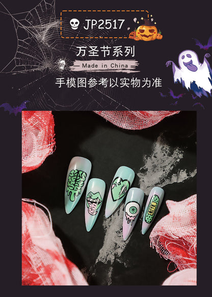 Wear Nail Finished Product Halloween Manicure Starry Sky Blooming Green Heart Eyeballs Lips Nail Sticker Removable