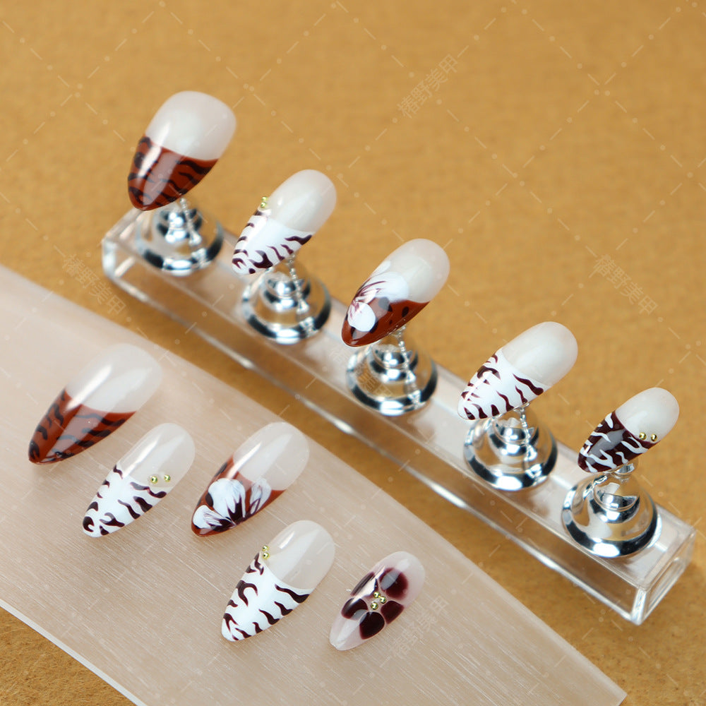 New Detachable Wear Armor Painted Zebra Stripes Caramel Blooming Nail Stickers ins White French Nail