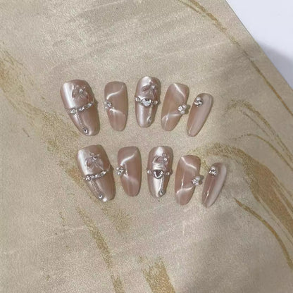 【Moon Shadow Star River】Handmade Wear Nail Powder Ribbon Cat Eye Autumn and Winter White High Class Elegant Mid-Length Manicure